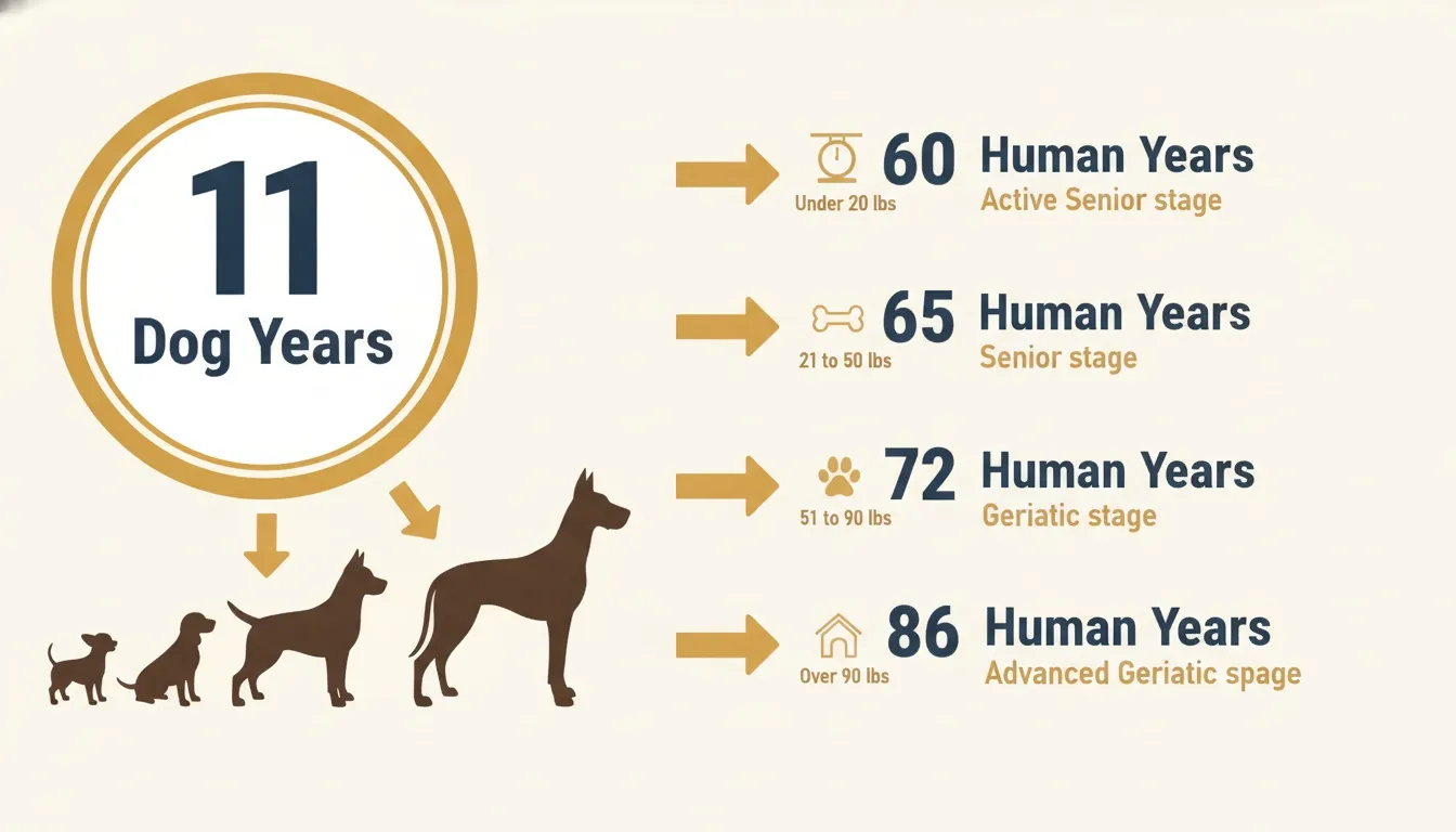 An infographic chart displaying how 11 dog years converts to human years across four weight classes.