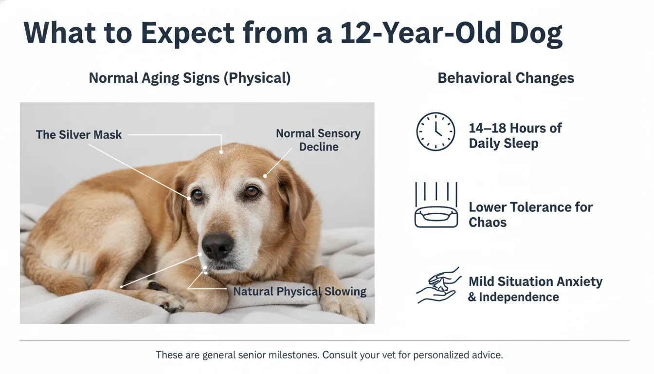 An infographic detailing physical and behavioral signs of a 12-year-old senior dog.