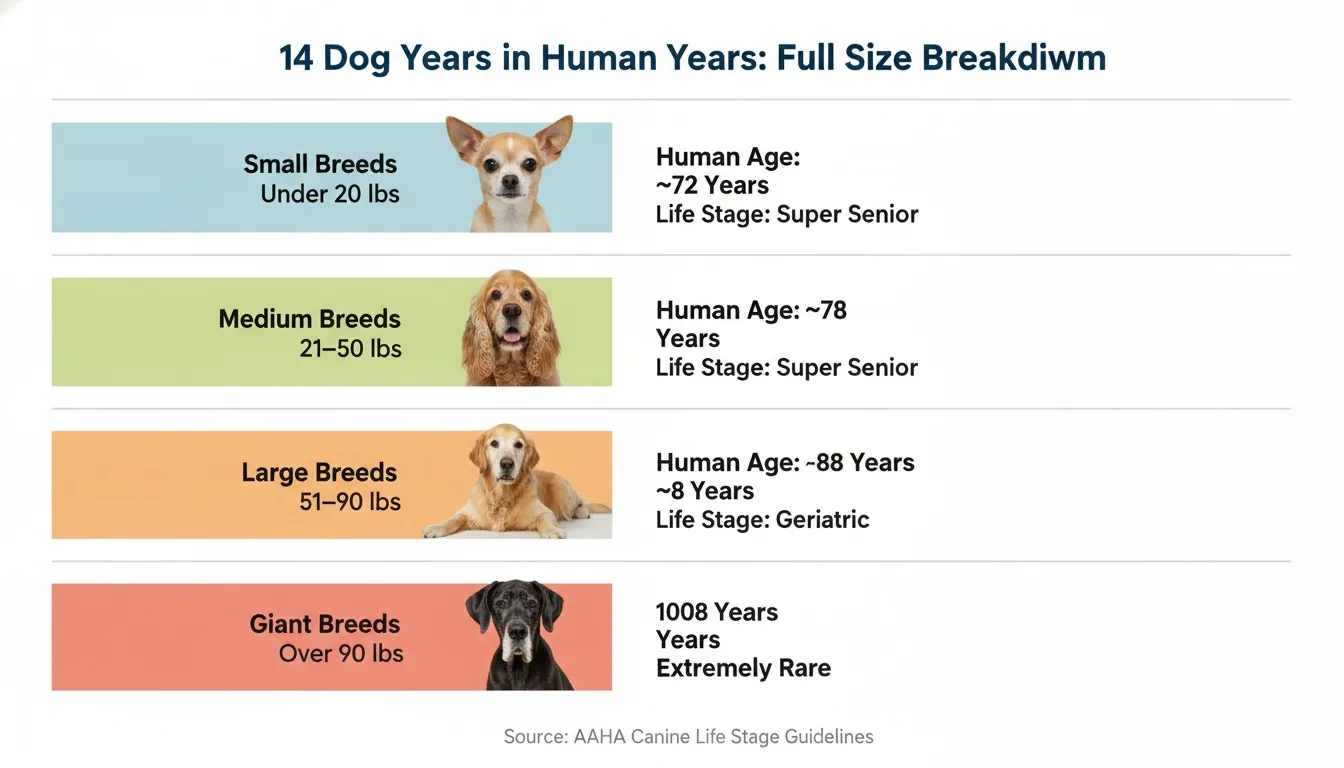 An infographic chart displaying dog age conversions to human years for small, medium, large, and giant breeds.