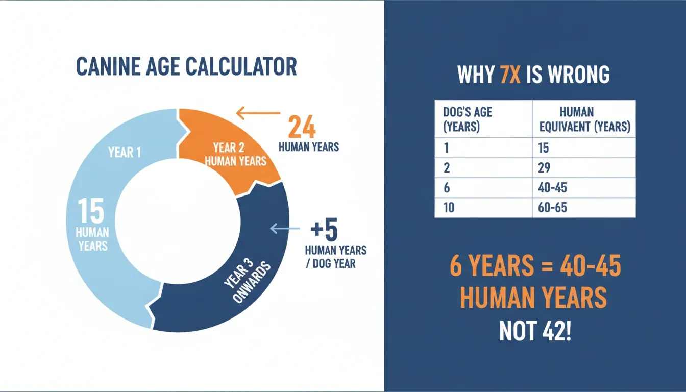 Infographic explaining how to calculate dog years to human years with a chart and comparative data table.