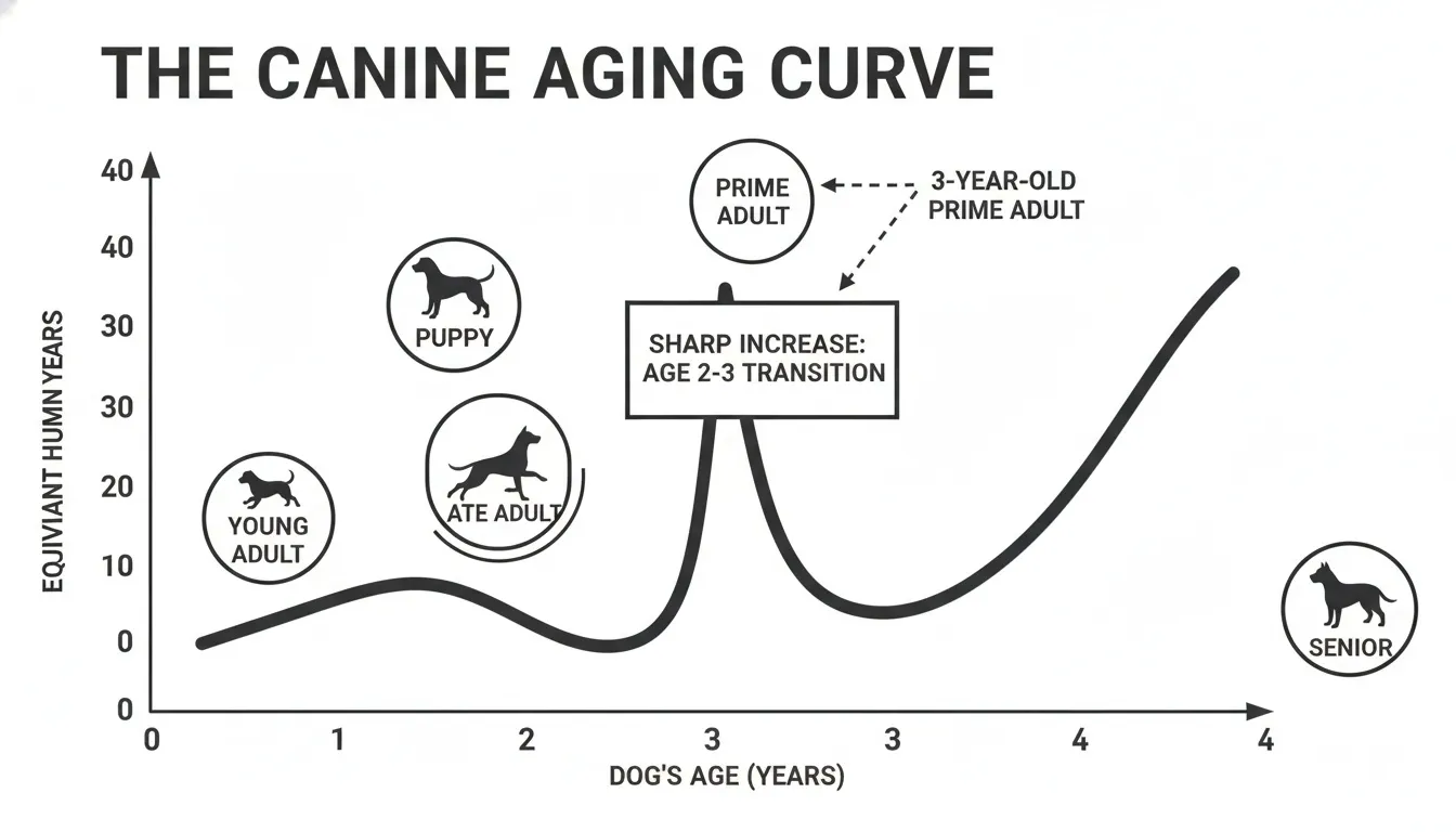 A line graph titled The Canine Aging Curve showing equivalent human years versus a dog's age.