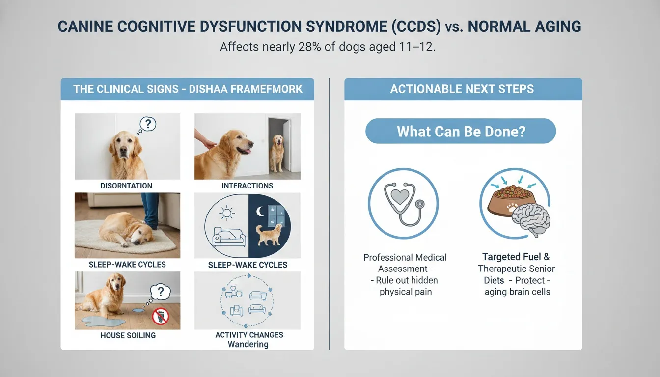 An educational infographic outlining Canine Cognitive Dysfunction Syndrome clinical signs and actionable treatment steps.