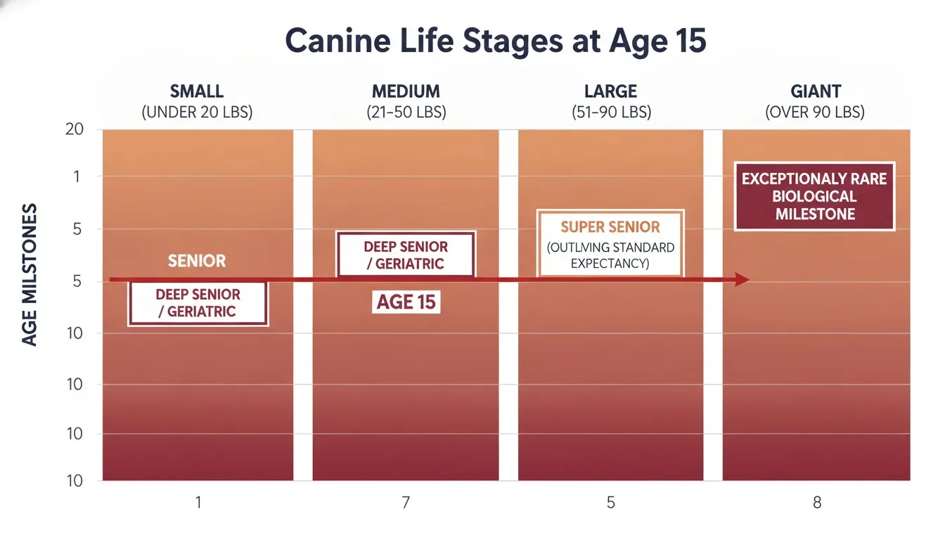 Chart showing canine life stages at age fifteen divided by dog weight classifications from small to giant.