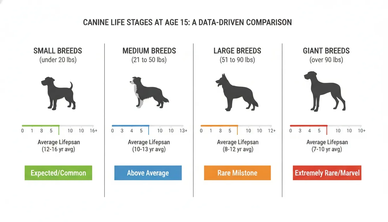 Infographic comparing canine life stages and average lifespans for small, medium, large, and giant dog breeds.