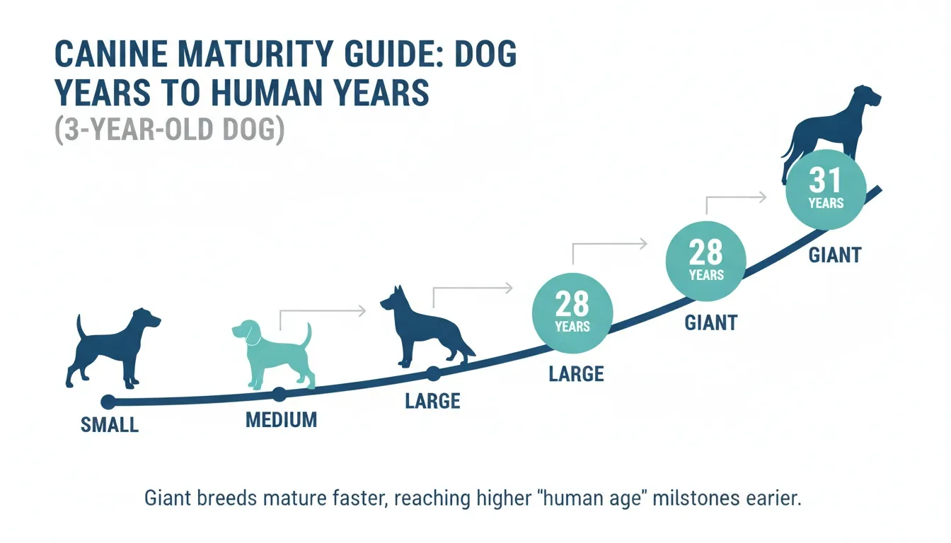 An infographic showing dog years to human years conversion for small, medium, large, and giant 3-year-old dog breeds.