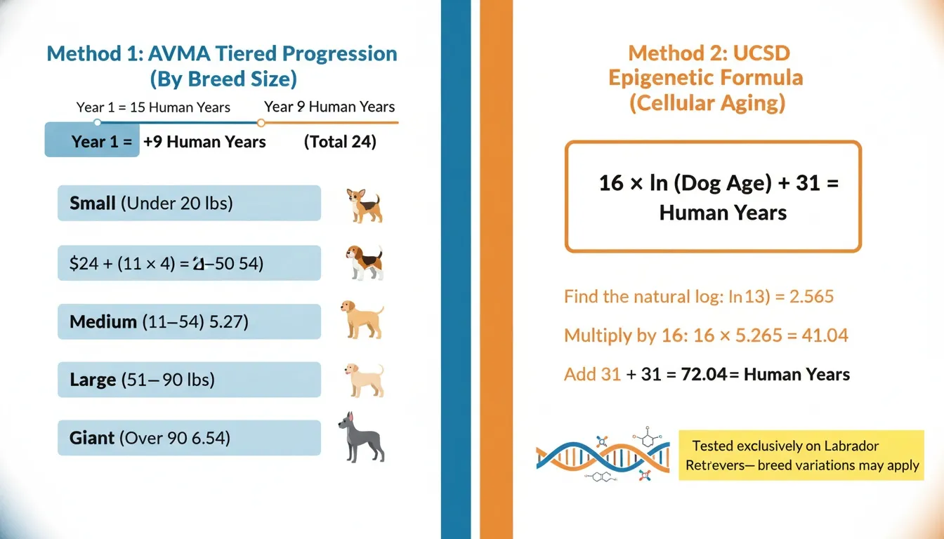 Infographic comparing the AVMA Tiered Progression by breed size against the UCSD Epigenetic Formula for calculating dog age.
