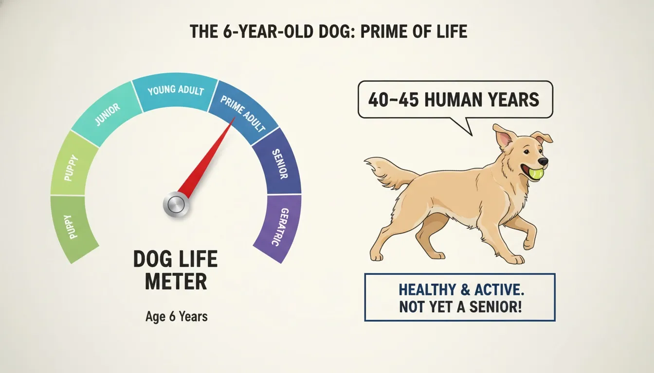 An infographic depicting a dog life meter dial set to Prime Adult at age six, representing 40-45 human years.