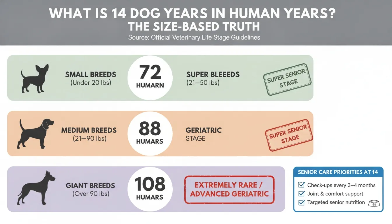 Infographic showing 14 dog years in human years based on size: small (72), medium (88), and giant breeds (108).