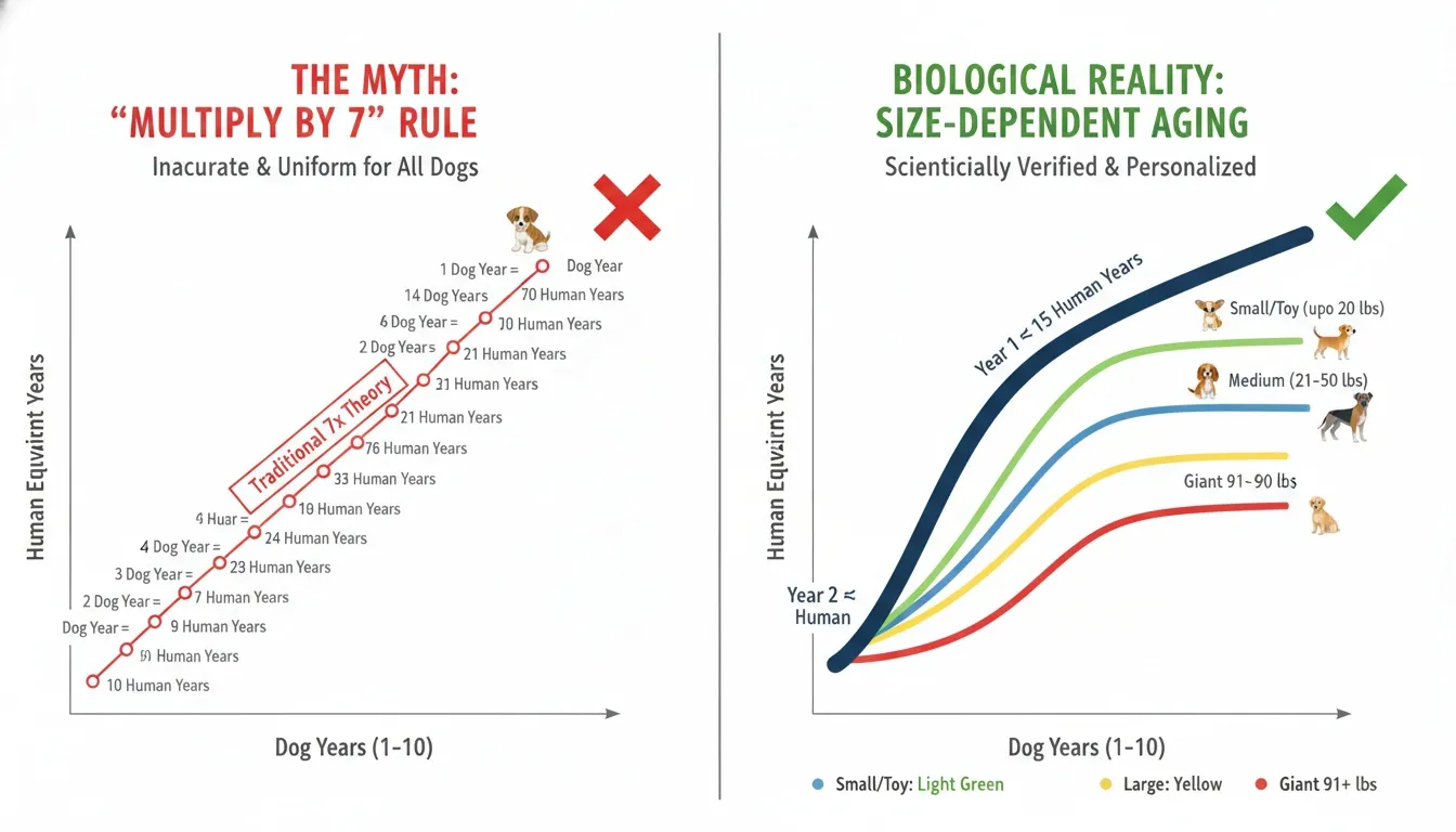 Infographic comparing the dog years myth of multiplying by seven against size-dependent biological aging curves.