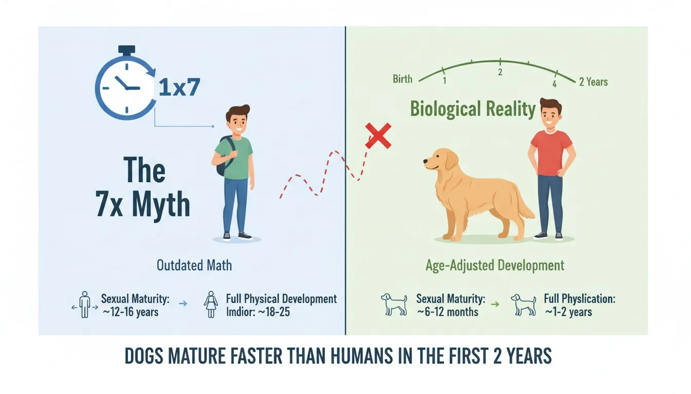 An infographic comparing the outdated 7x dog age myth with the biological reality of canine development.