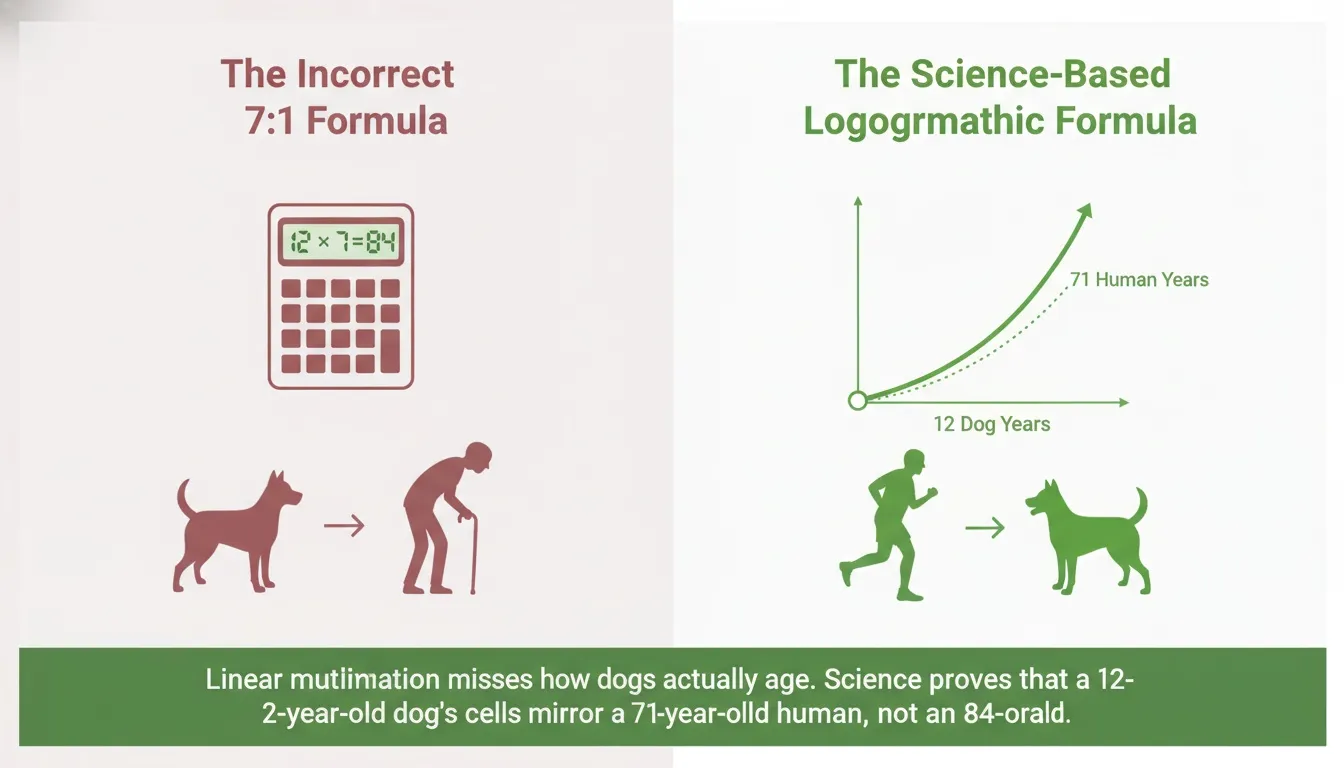 Infographic comparing the incorrect 7:1 dog age formula against the science-based logarithmic formula.