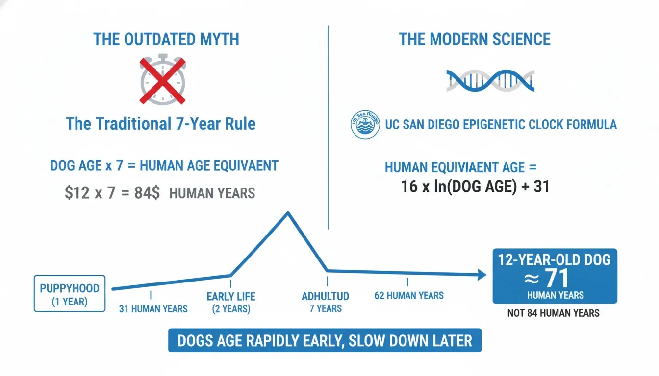 Infographic comparing traditional dog age myth to the modern UC San Diego epigenetic clock formula.