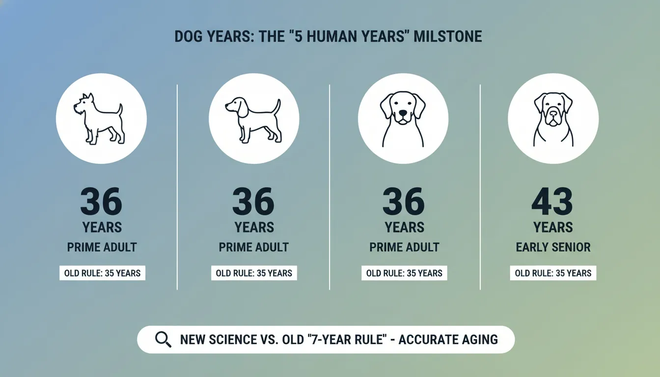 An infographic detailing canine aging by breed size under modern scientific standards versus the old seven-year rule.