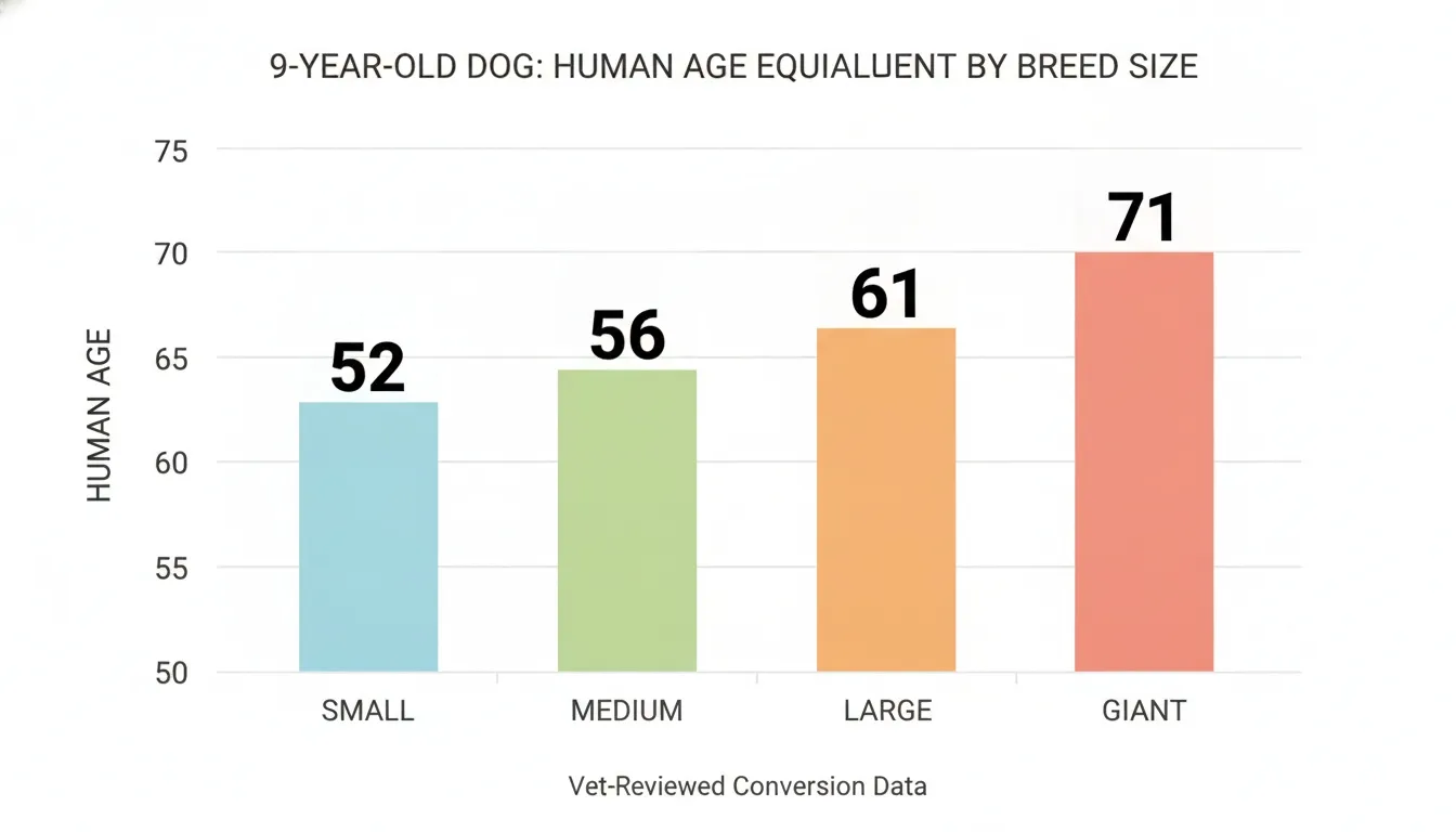 Bar chart comparing human age equivalents for a 9-year-old dog across small, medium, large, and giant breed categories.
