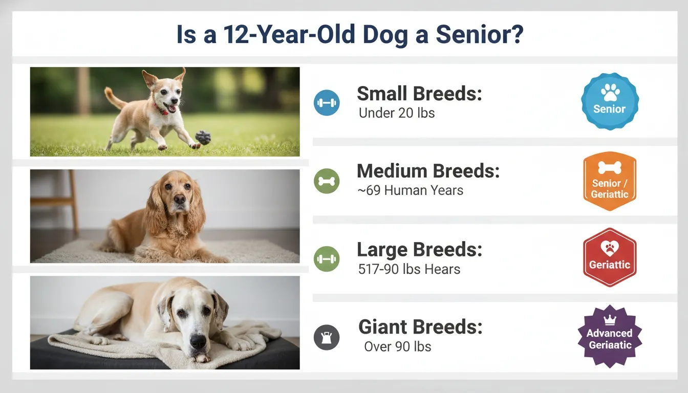 An infographic detailing senior and geriatric classifications for small, medium, large, and giant 12-year-old dog breeds.