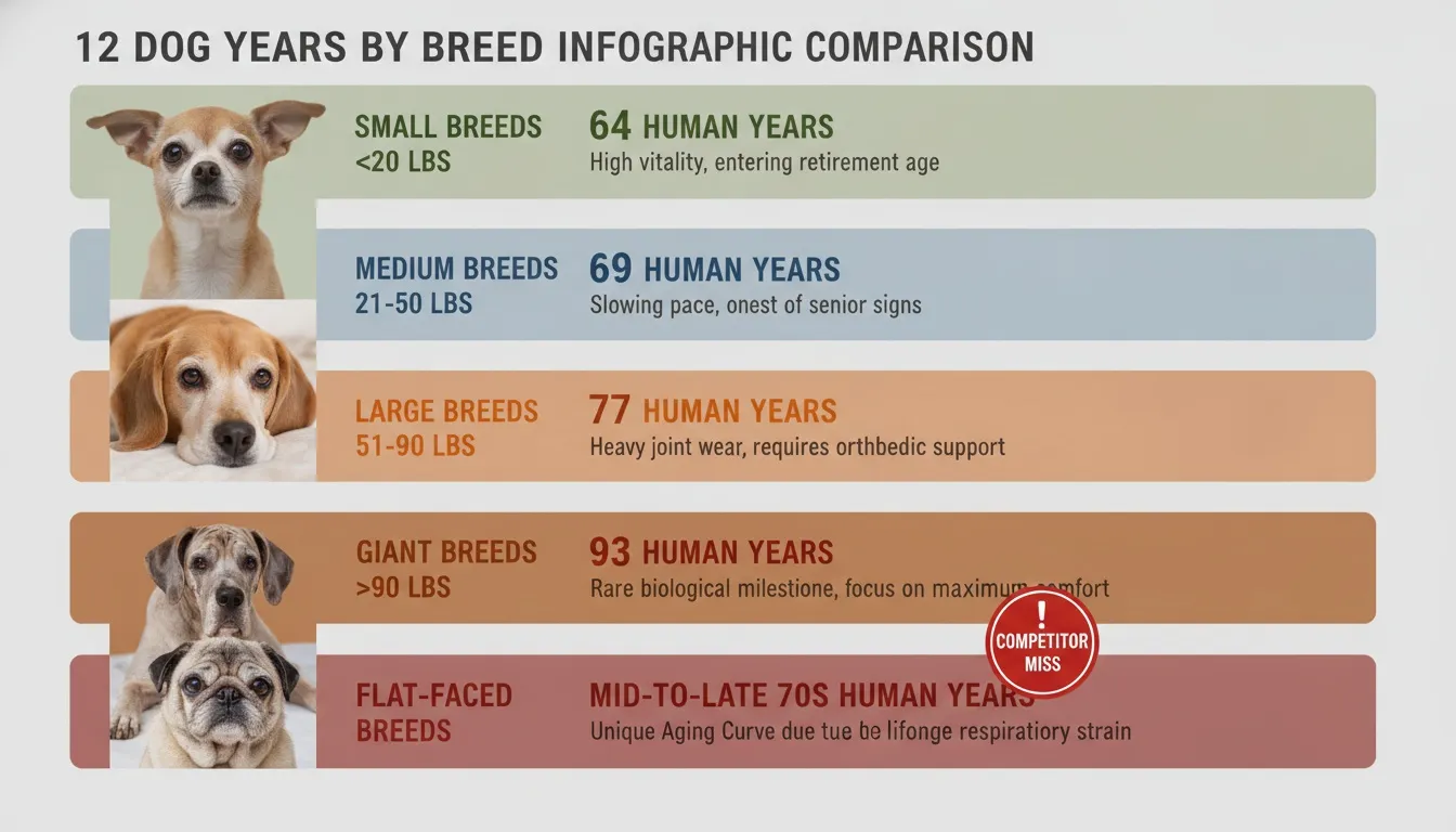 An infographic comparing how 12 dog years equates to human years across five distinct canine breed sizes.