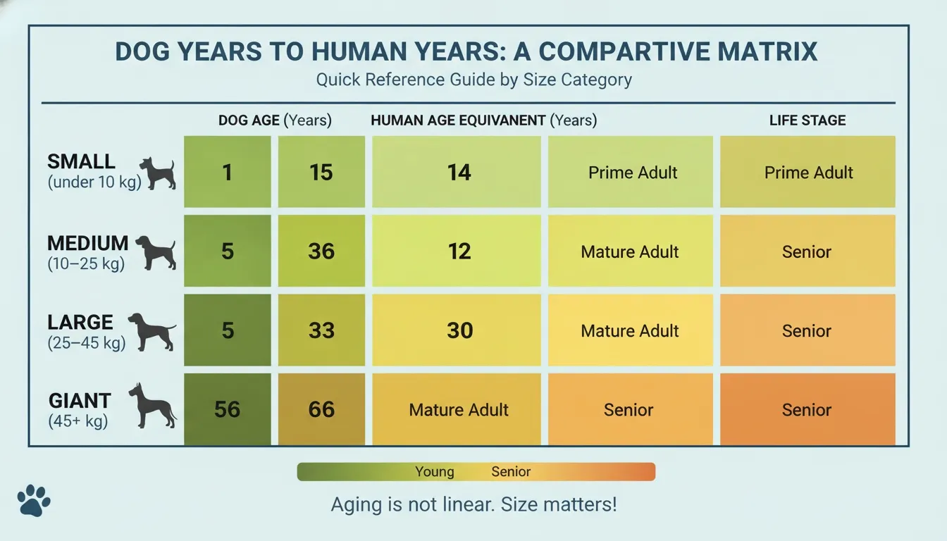 A comparative matrix infographic showing dog years to human years based on dog size categories.