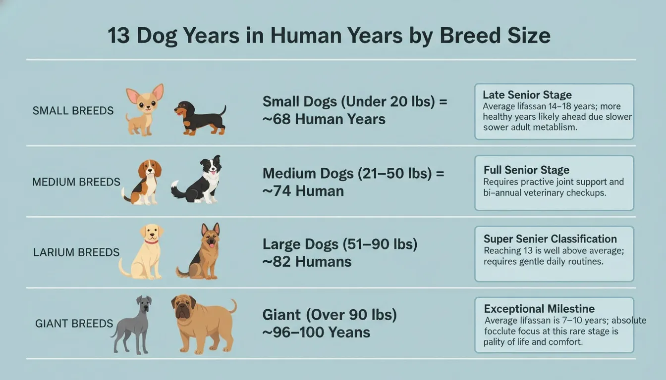 An infographic chart comparing 13 dog years in human years across small, medium, large, and giant breed sizes.