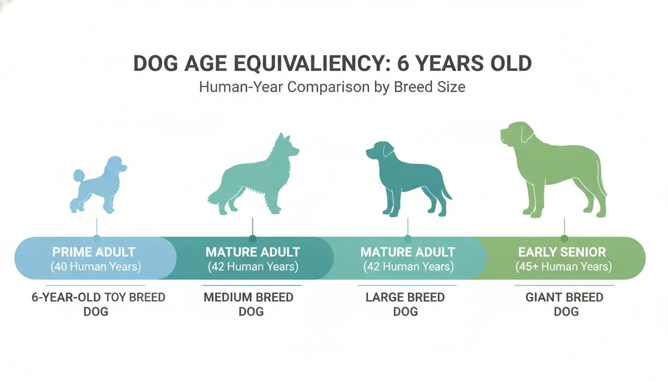 Infographic showing dog age equivalency at 6 years old compared to human years across four breed sizes.