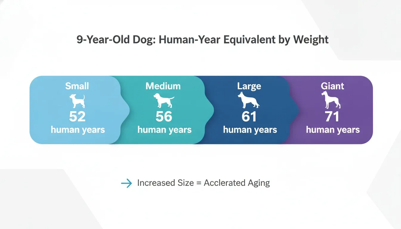 An infographic displaying human-year equivalents for a nine-year-old dog across small, medium, large, and giant sizes.