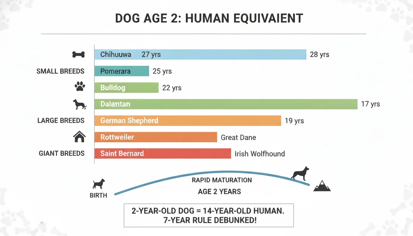 An infographic chart comparing dog age to human equivalents across small, large, and giant breeds.