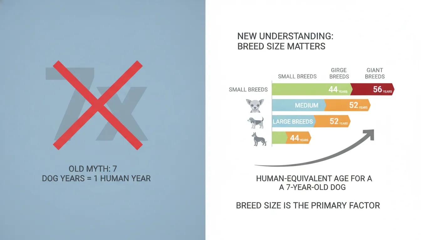 An infographic showing the 7-year dog myth crossed out alongside real age calculations categorized by breed size.