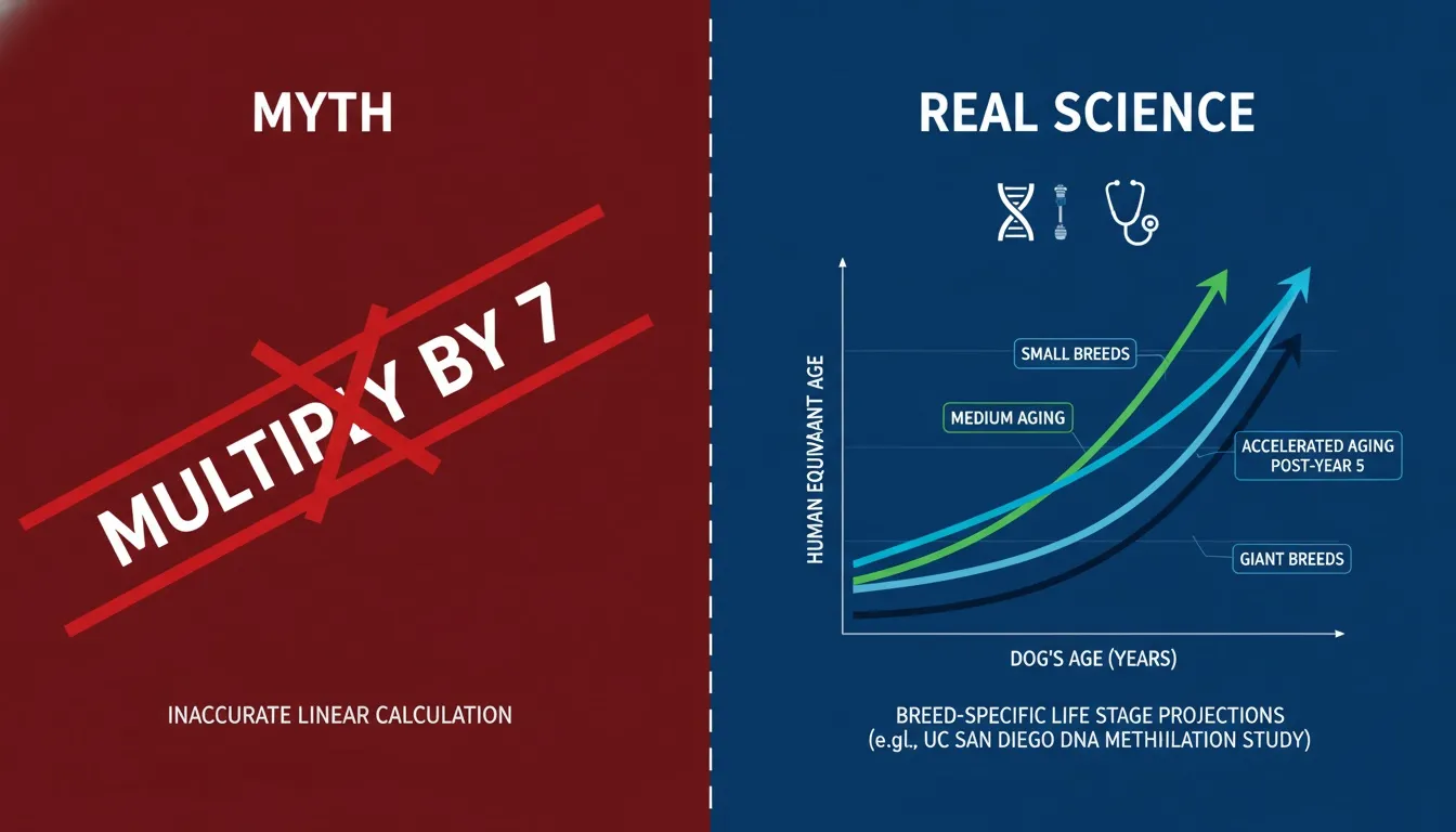 Infographic showing the dog age myth of multiplying by seven crossed out next to real science aging curves.