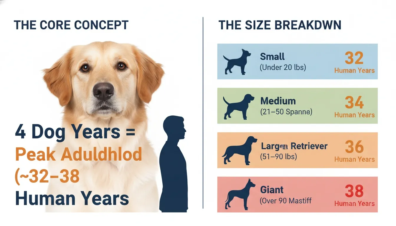 Infographic comparing 4 dog years to peak adulthood in human years based on dog size.
