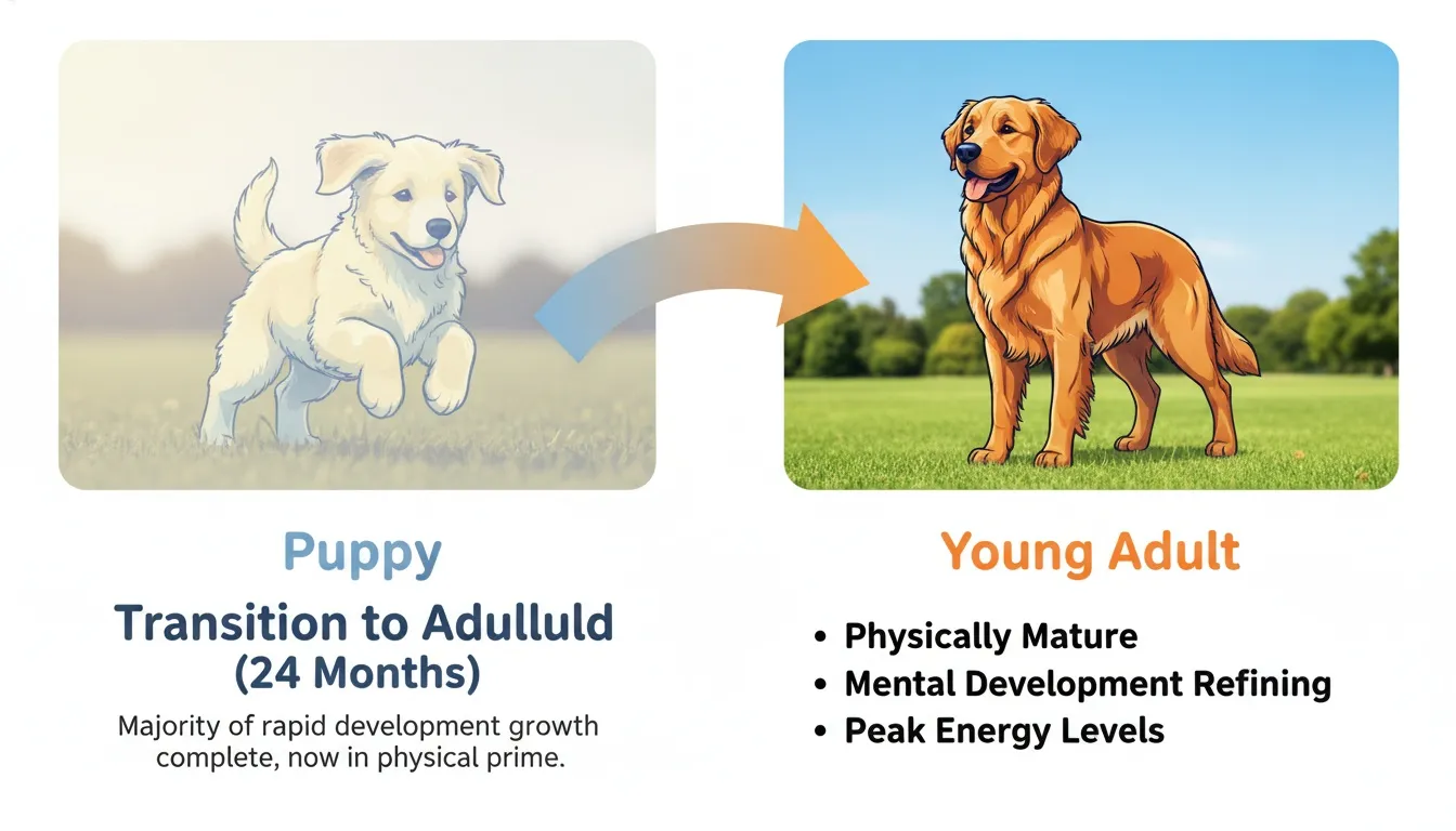 Illustration showing the transition from a light yellow puppy to a mature golden retriever young adult dog.
