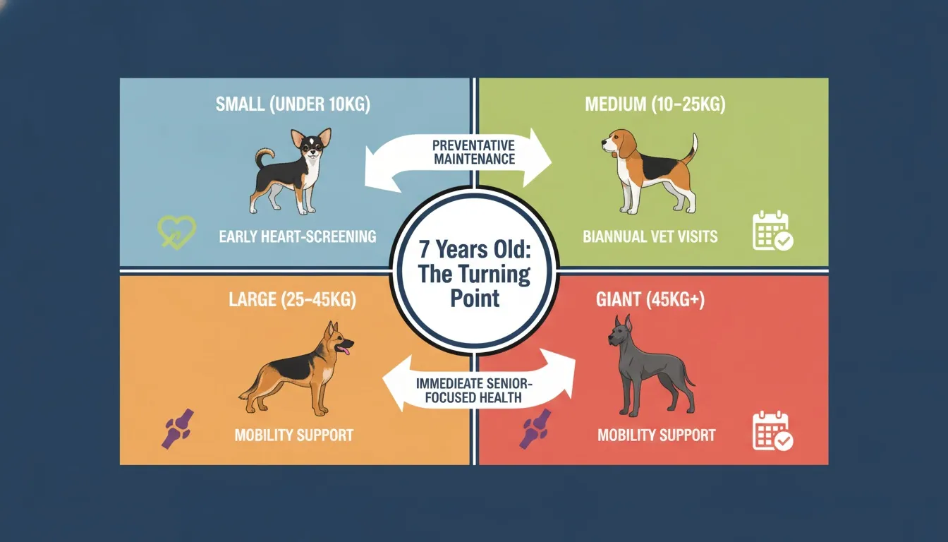 Infographic illustrating dog care recommendations by weight and size starting at age seven.