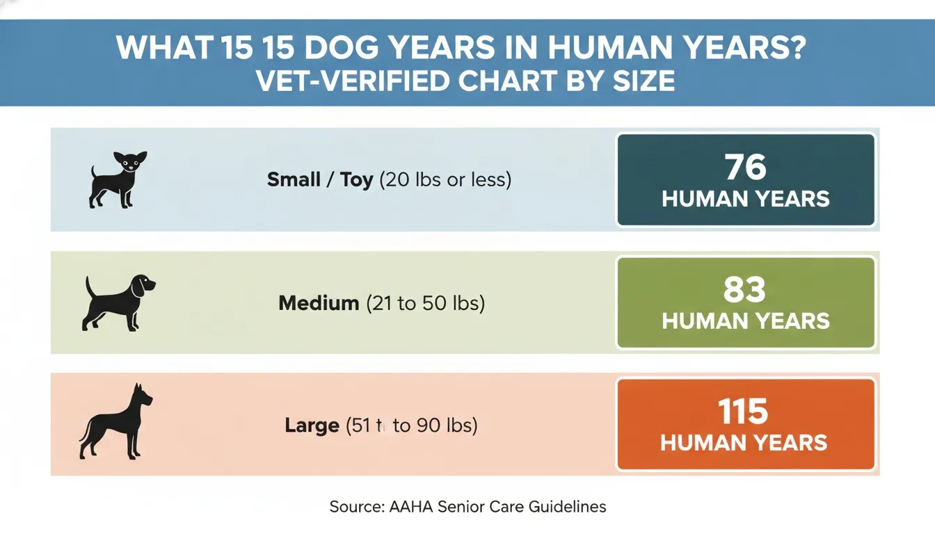 Infographic chart showing 15 dog years converted to human years for small, medium, and large dog sizes.
