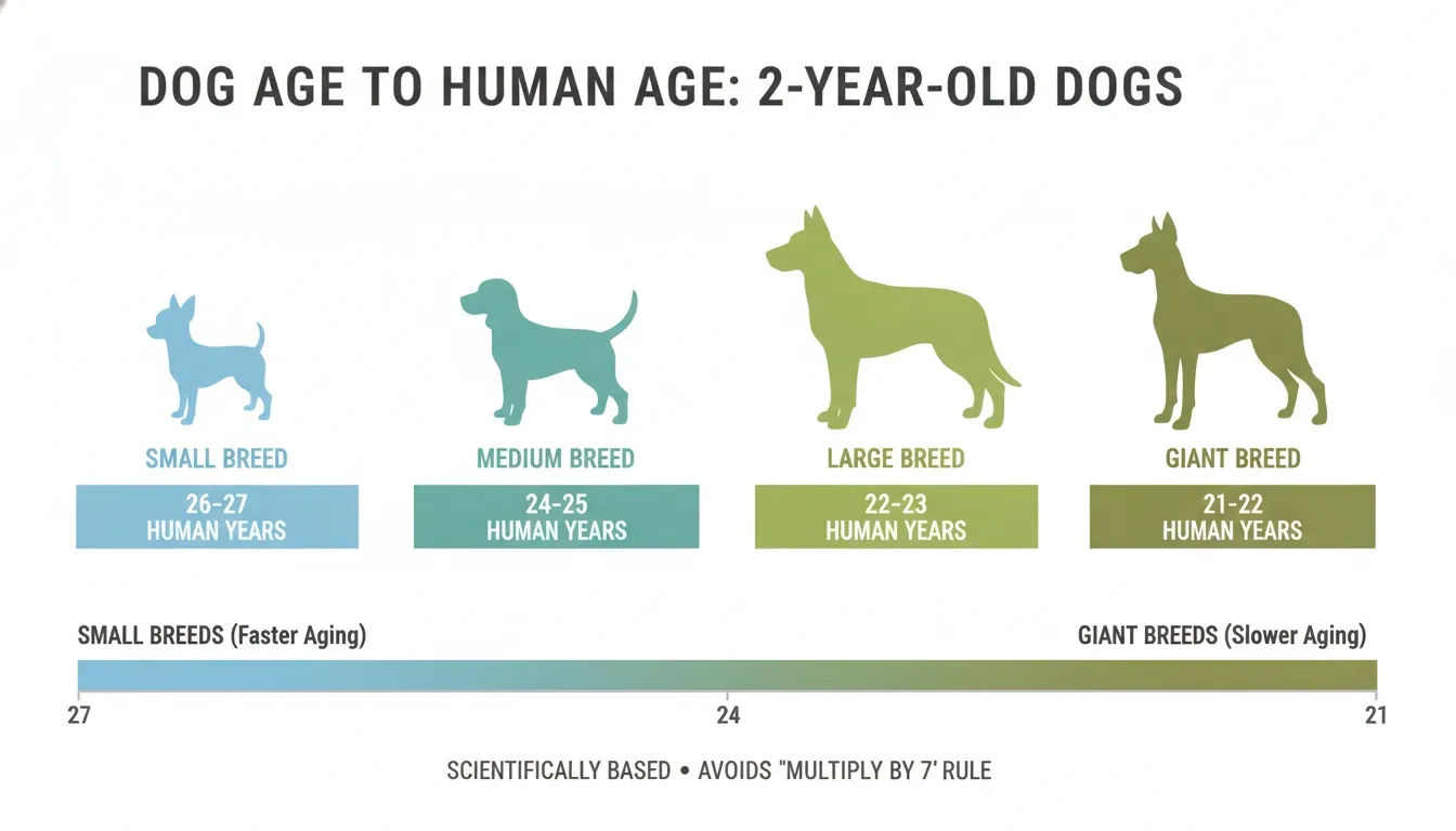 An infographic detailing the human age equivalents for two-year-old small, medium, large, and giant dog breeds.