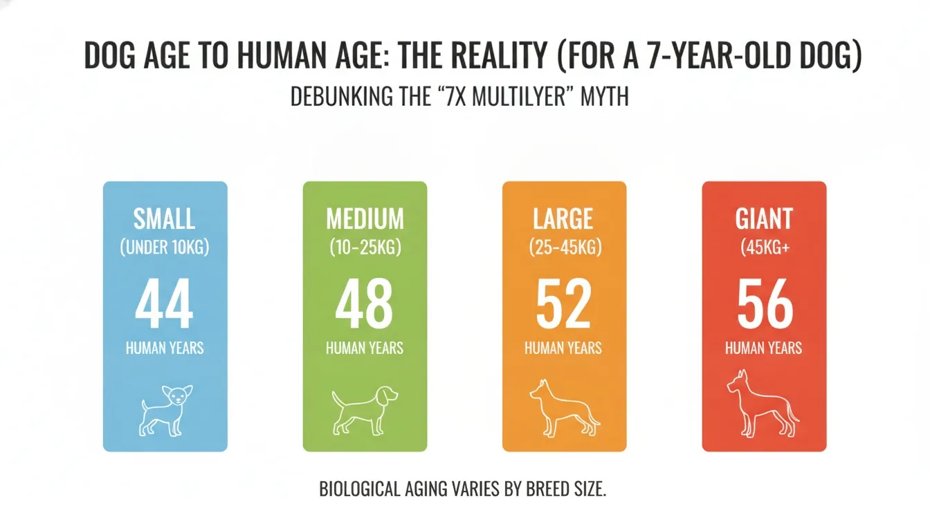 Infographic showing dog age to human age conversions for small, medium, large, and giant breeds.