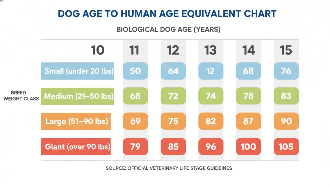 A dog age to human age equivalent chart displaying biological years from 10 to 15 across weight classes.