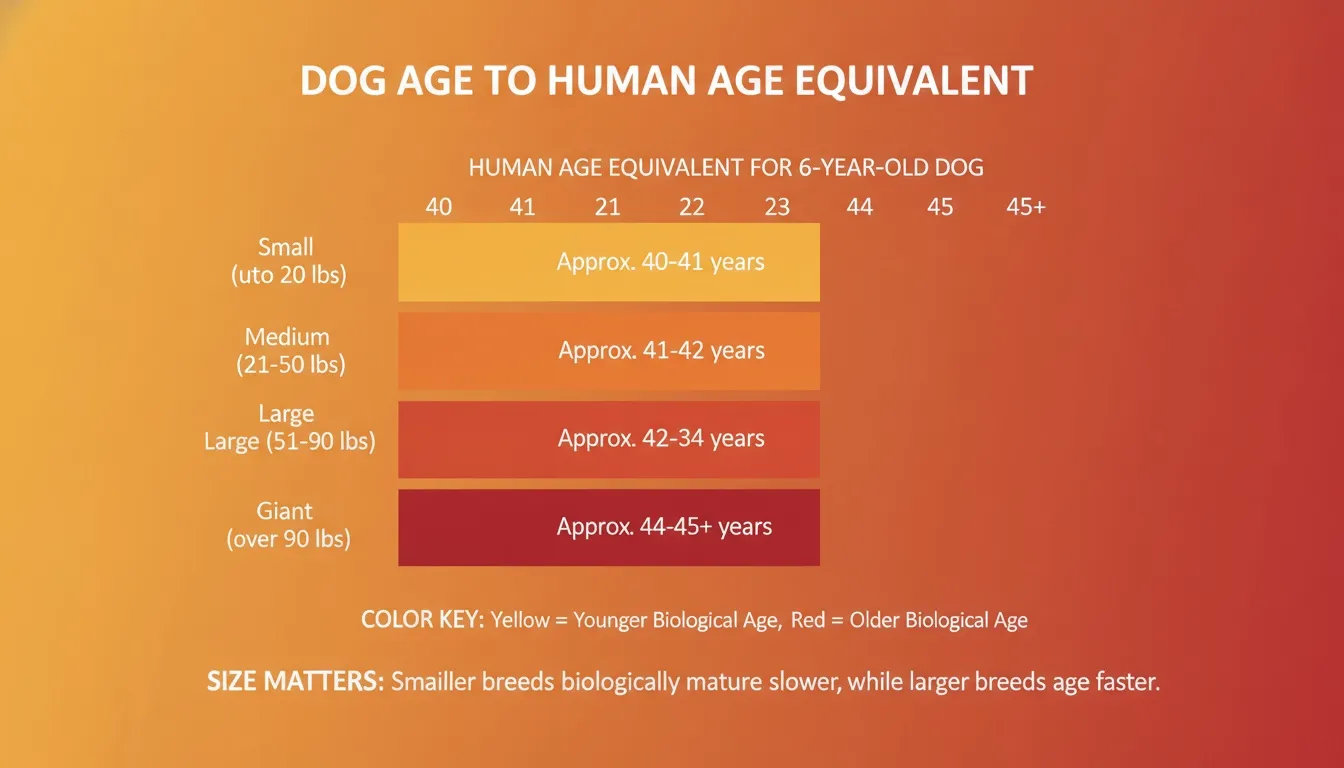 An infographic chart displaying dog age to human age equivalents for small, medium, large, and giant breeds.