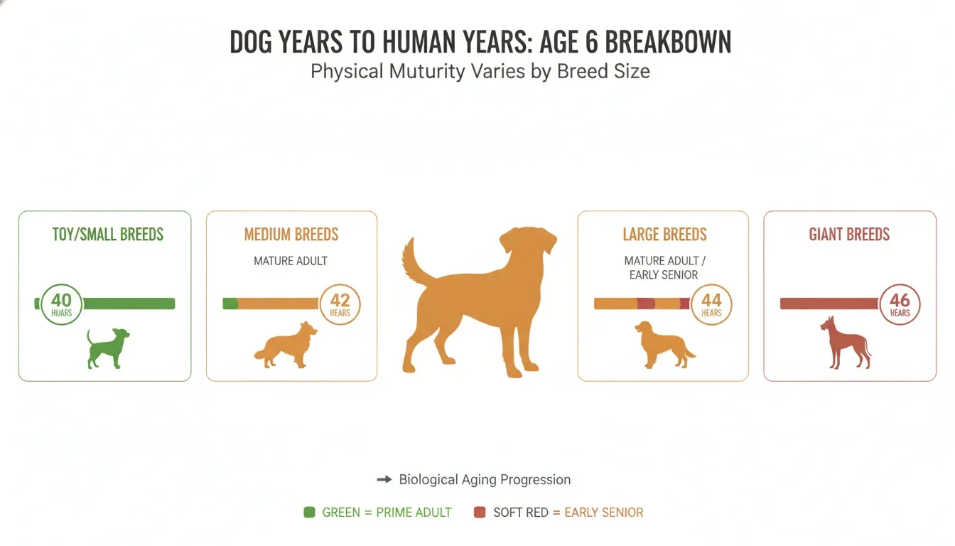 An infographic comparing six-year-old dog ages to human years across small, medium, large, and giant breeds.