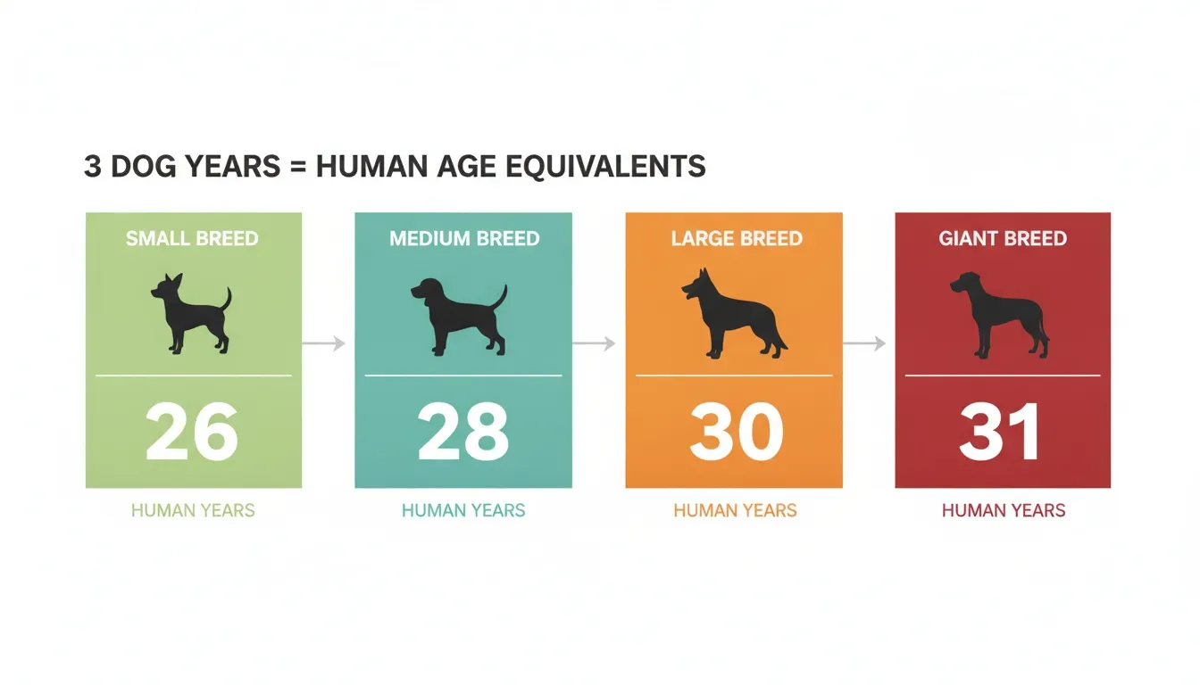Infographic showing 3 dog years equivalent to human age based on small, medium, large, and giant breed sizes.