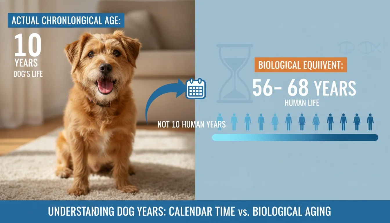 An infographic showing a brown fluffy dog illustrating how ten dog years translates to fifty-six to sixty-eight human years.