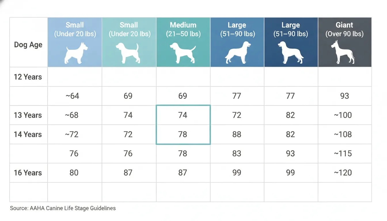 A dog age chart comparing canine years to human equivalents based on small, medium, large, and giant breed weights.