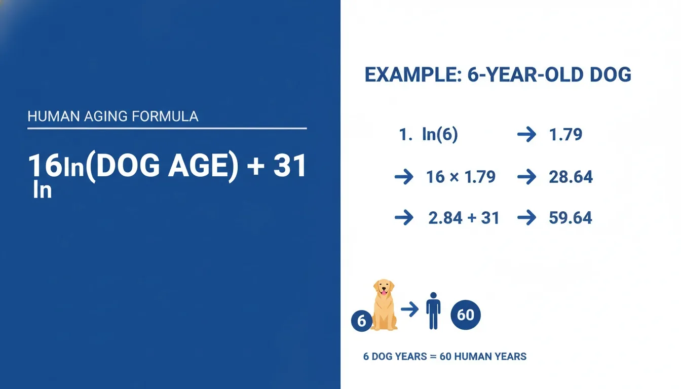 Graphic showcasing the logarithmic formula for calculating dog age in human years with a 6-year-old dog example.