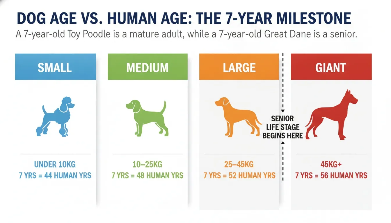 An infographic comparing dog age to human age across small, medium, large, and giant breed weight categories.