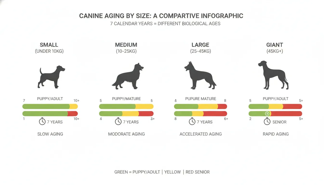 Infographic detailing canine aging speeds for small, medium, large, and giant breeds across life stages.