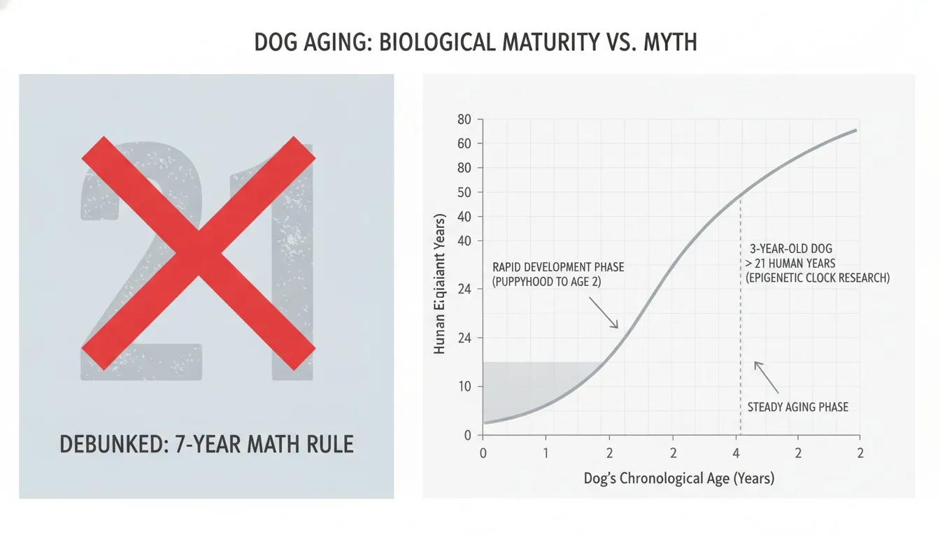 Infographic debunking the 7-year dog age myth with a comparative biological maturity curve chart.