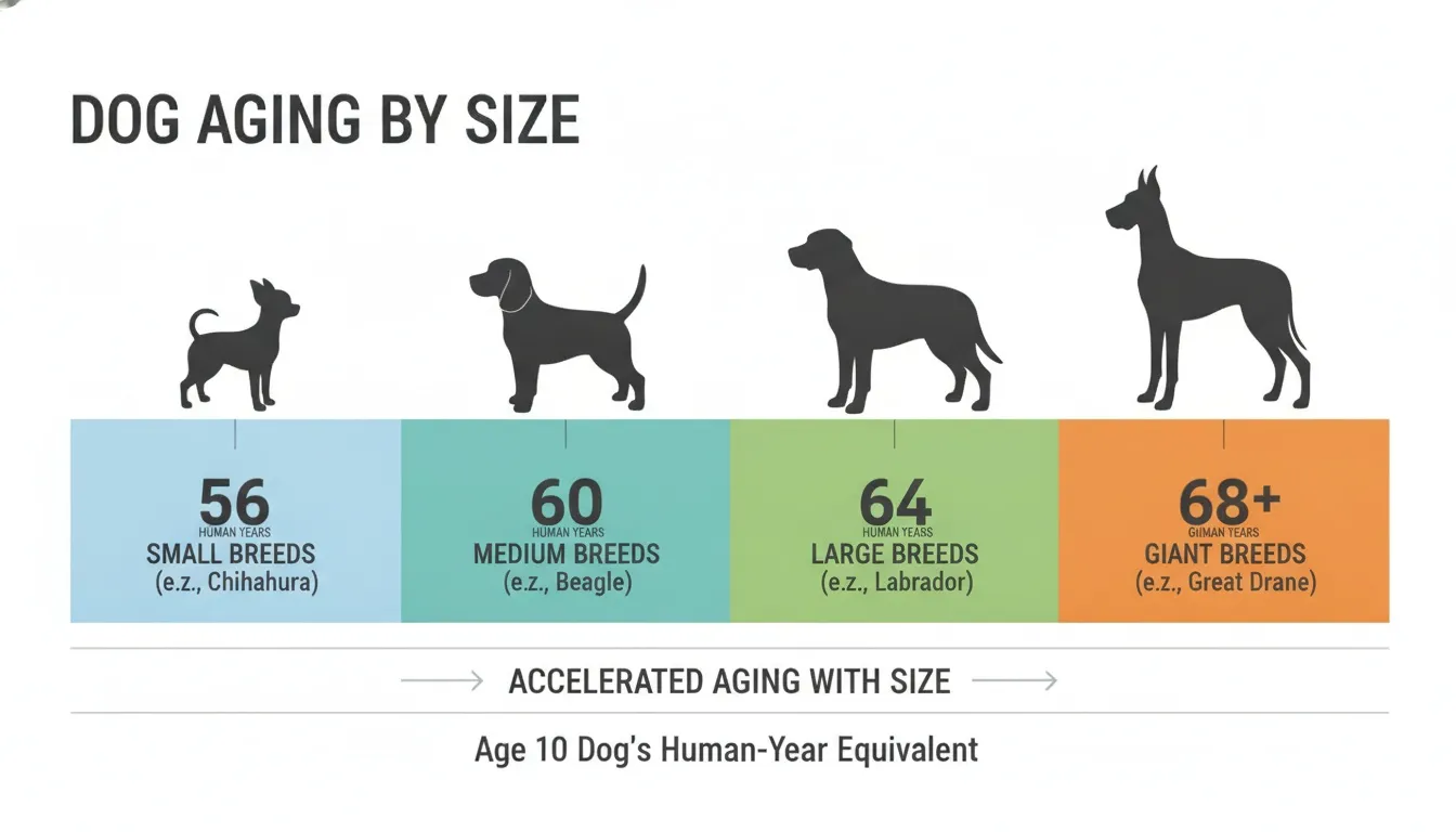 Infographic showing dog aging by size from small to giant breeds with human-year equivalents.