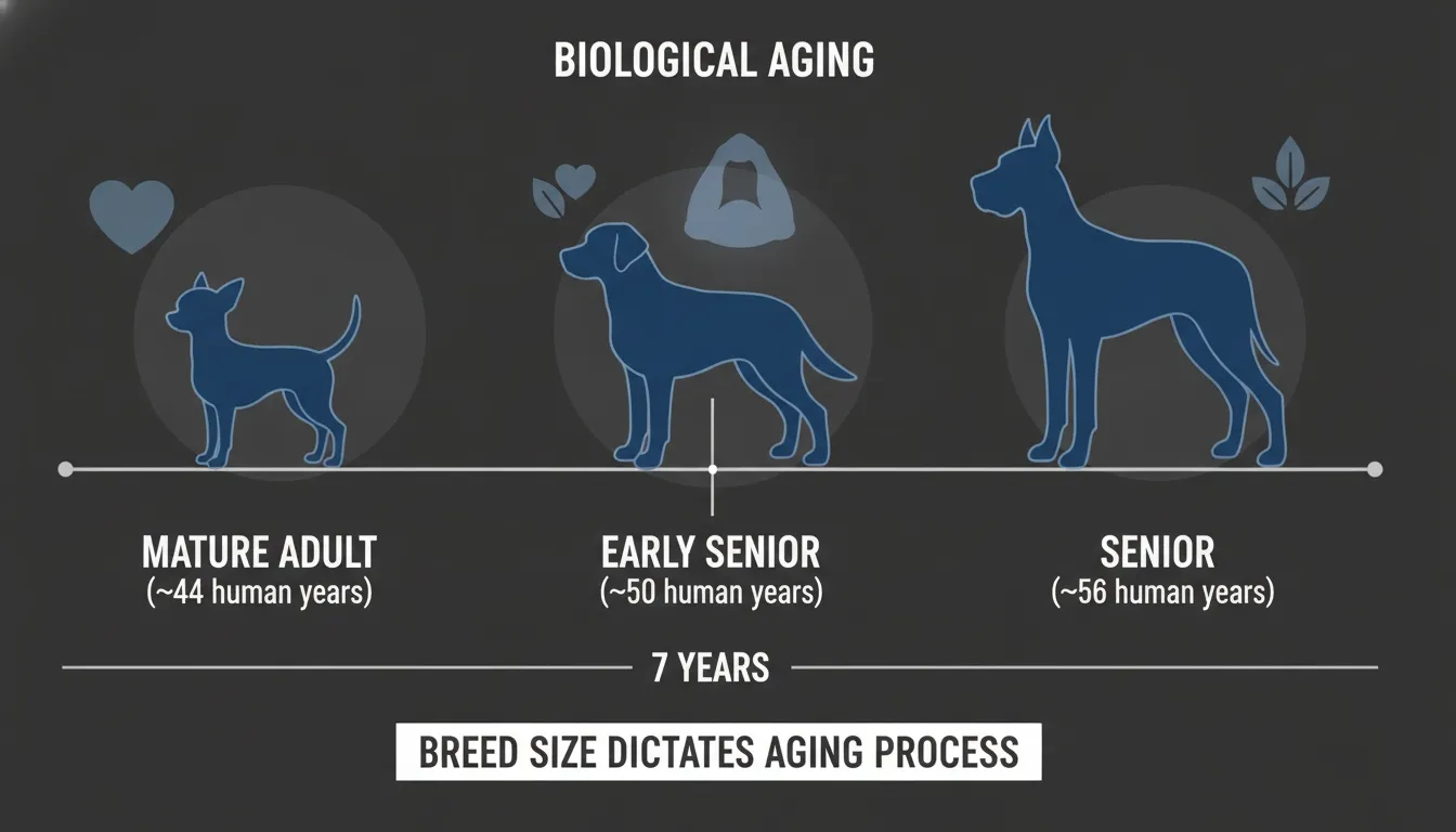 Infographic showing biological aging differences in small, medium, and large dogs at seven years of age.