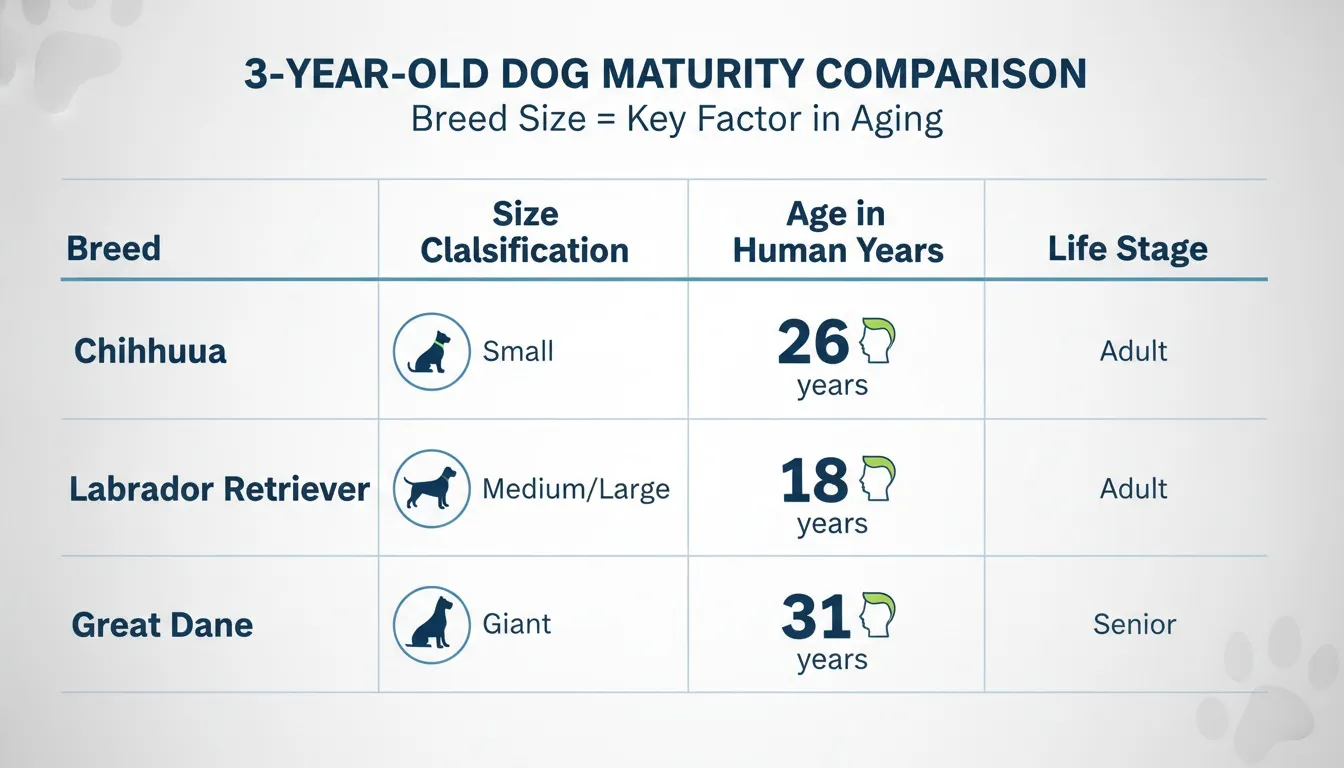 A comparison chart showing 3-year-old dog maturity stages for Chihuahua, Labrador, and Great Dane breeds.