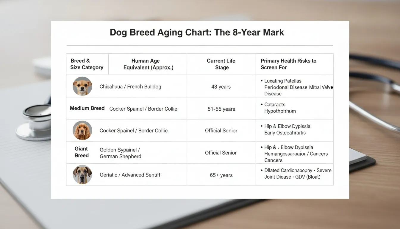 A dog breed aging chart on a clipboard next to a stethoscope detailing health risks by breed size.