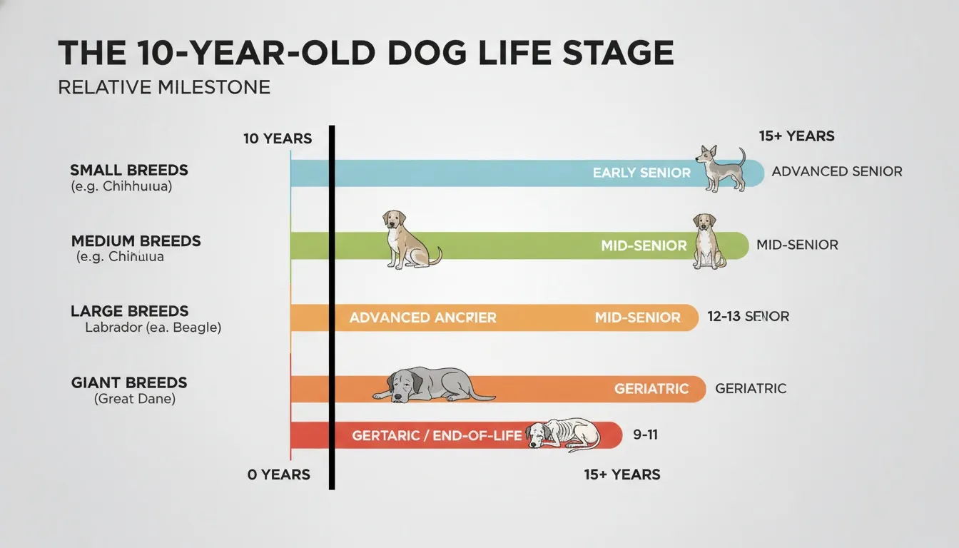 An infographic showing the 10-year-old senior dog life stages categorized by small, medium, large, and giant breeds.