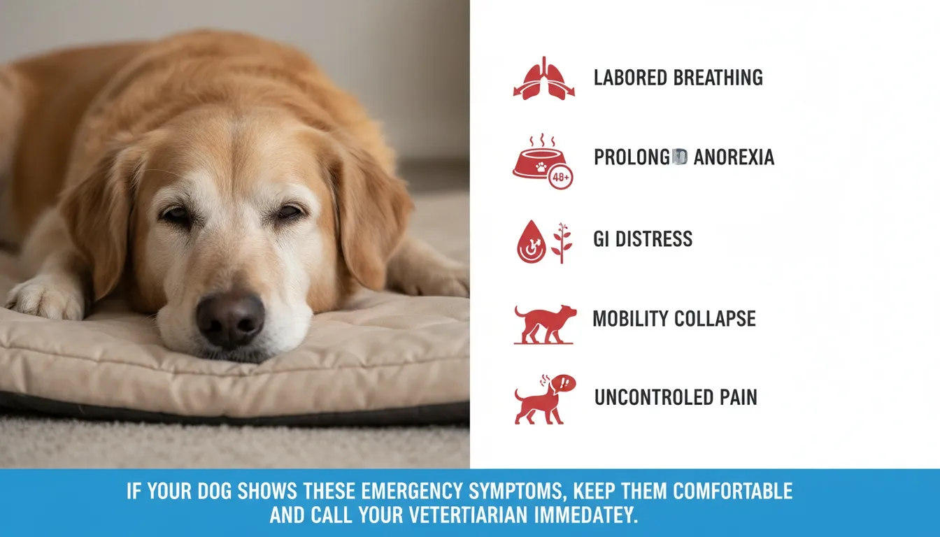 A golden retriever lying down next to an infographic listing five critical emergency symptoms for dogs.