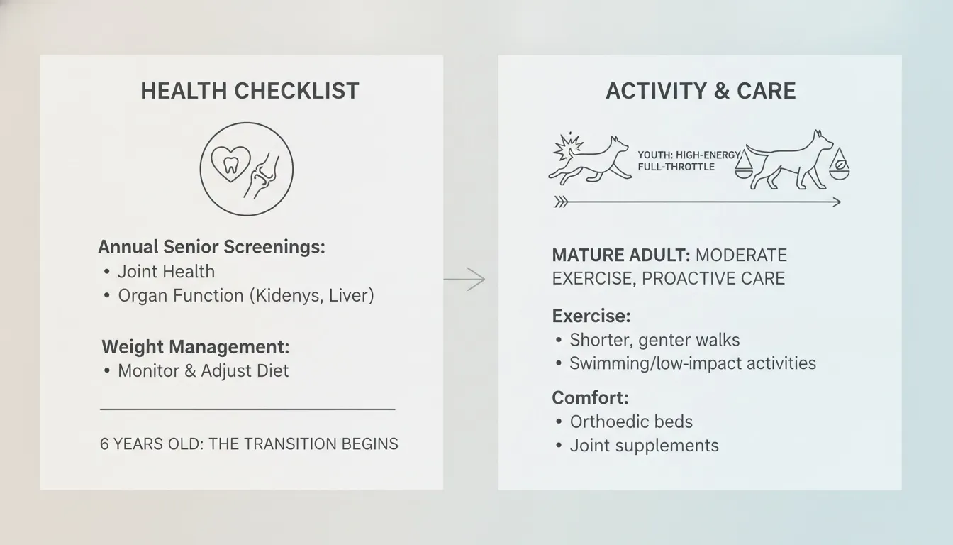 An informational graphic detailing a canine health checklist and activity care guidelines for senior dogs.